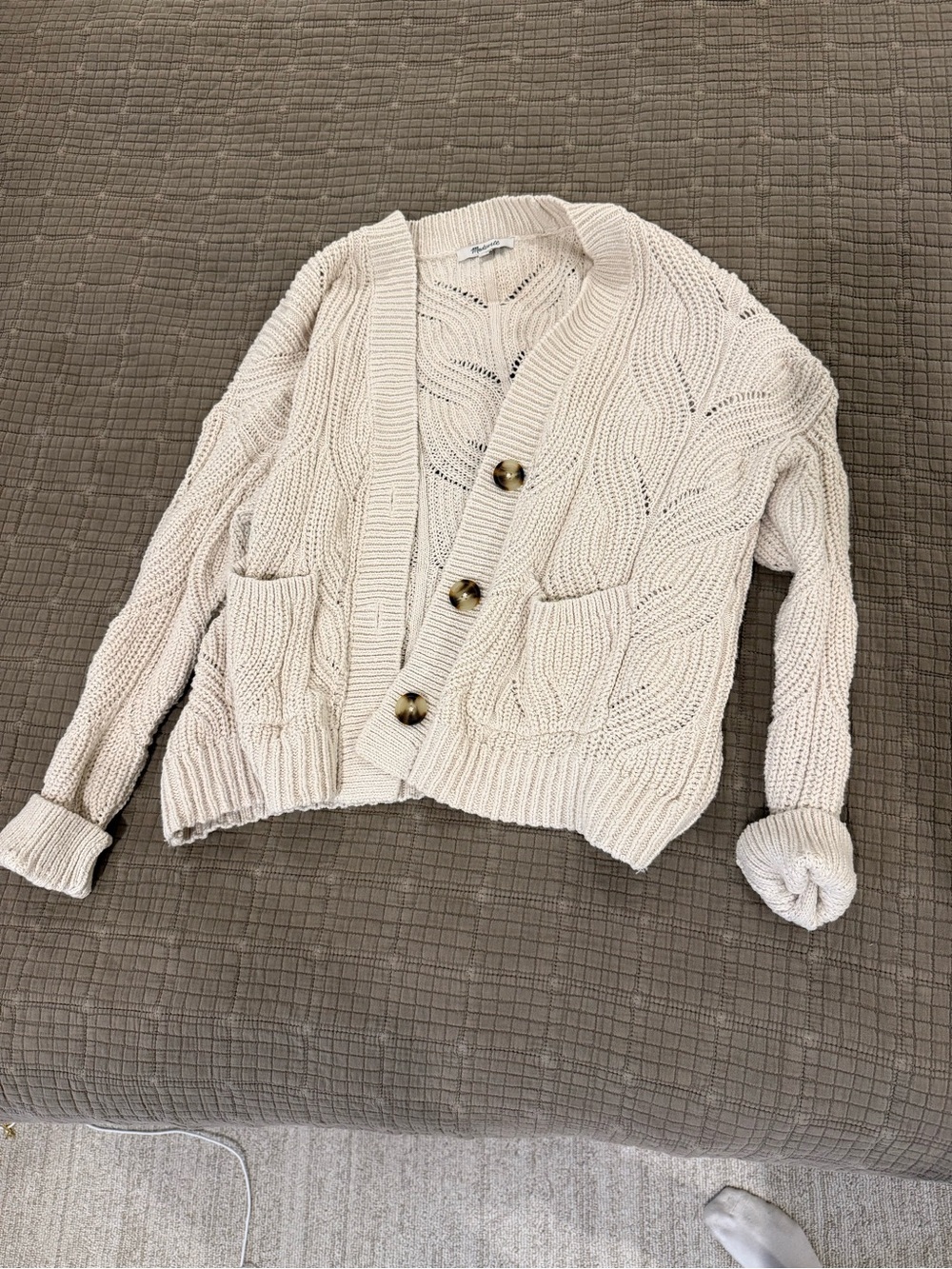 Madewell Cream Cable-Knit Button Cardigan